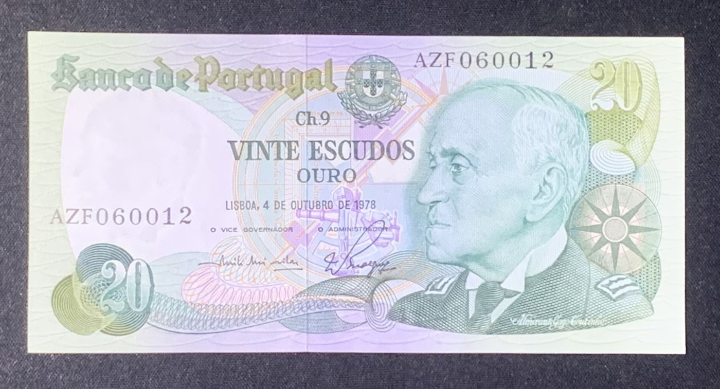 紫瑗钱币——第318期拍卖—纸币场 葡萄牙 1978年 10月4日 海军上将加戈·库蒂尼奥 20埃斯库多 UNC