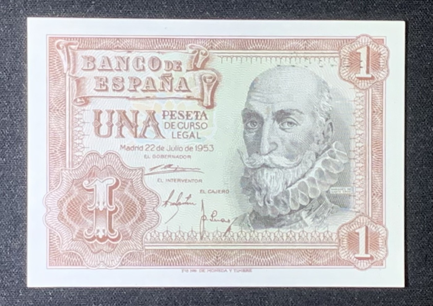 紫瑗钱币——第318期拍卖—纸币场 【双尾5】西班牙 1953年 圣克鲁斯侯爵 阿尔瓦罗·德·巴赞 1比塞塔 (P-144a）