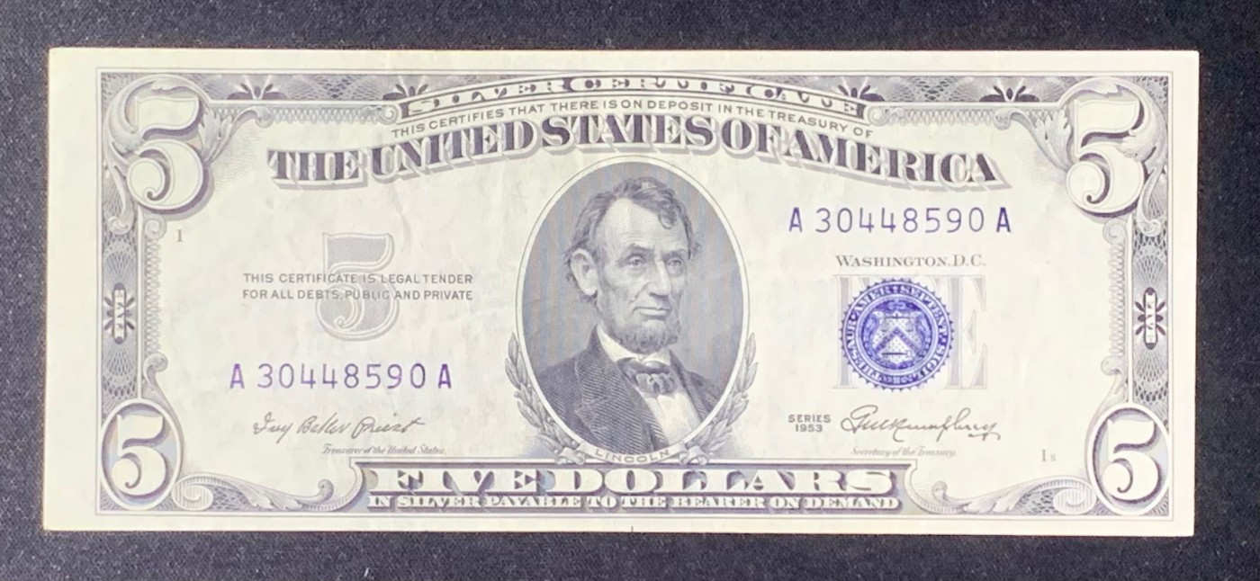 紫瑗钱币——第318期拍卖—纸币场 美国 1953年 无序列 亚伯拉罕·林肯 5美元 蓝印 银元券 流通品