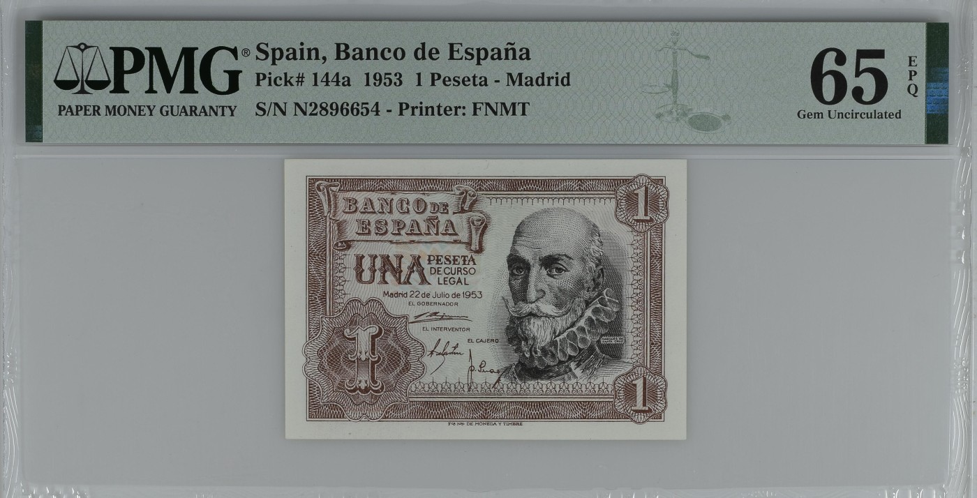 紫瑗钱币——第318期拍卖—纸币场 【PMG 65 EPQ】西班牙 1953年 圣克鲁斯侯爵 阿尔瓦罗·德·巴赞 1比塞塔