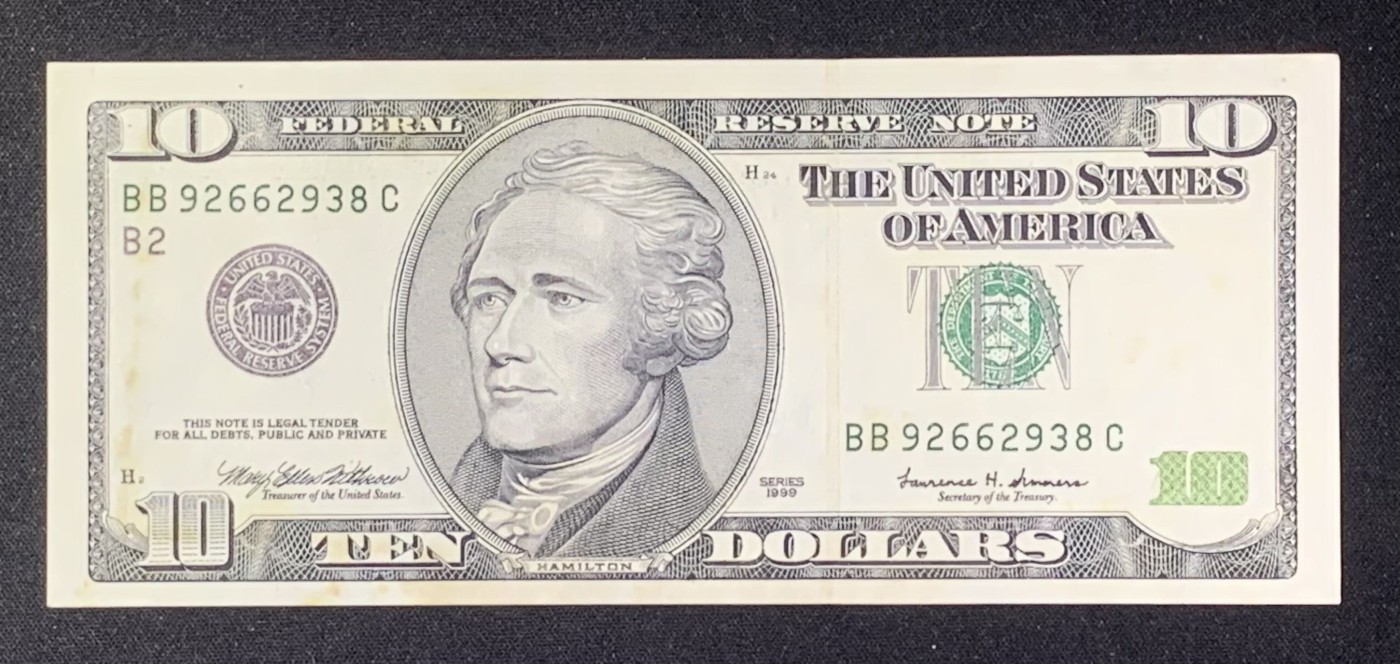 紫瑗钱币——第318期拍卖—纸币场 美国 1999年 B版 亚历山大·汉密尔顿 10美元 大头版 UNC- 有黄斑