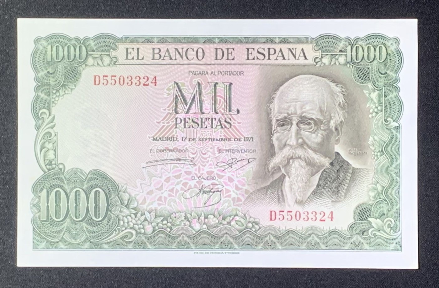 紫瑗钱币——第318期拍卖—纸币场 西班牙 1971(1974)年 何塞·埃切加赖 1000比塞塔 UNC-