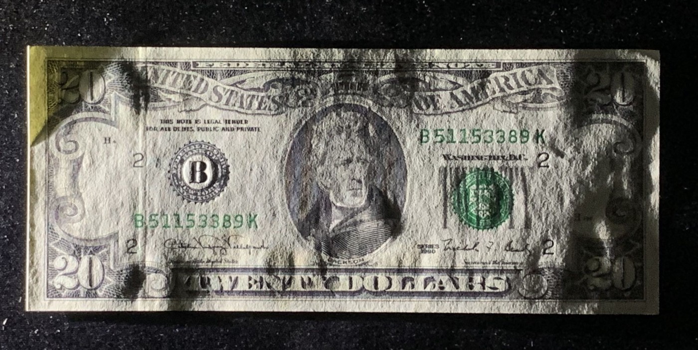 紫瑗钱币——第318期拍卖—纸币场 美国 1990年 B版 安德鲁·杰克逊 20美元 小头版 UNC- 有黄斑 下水