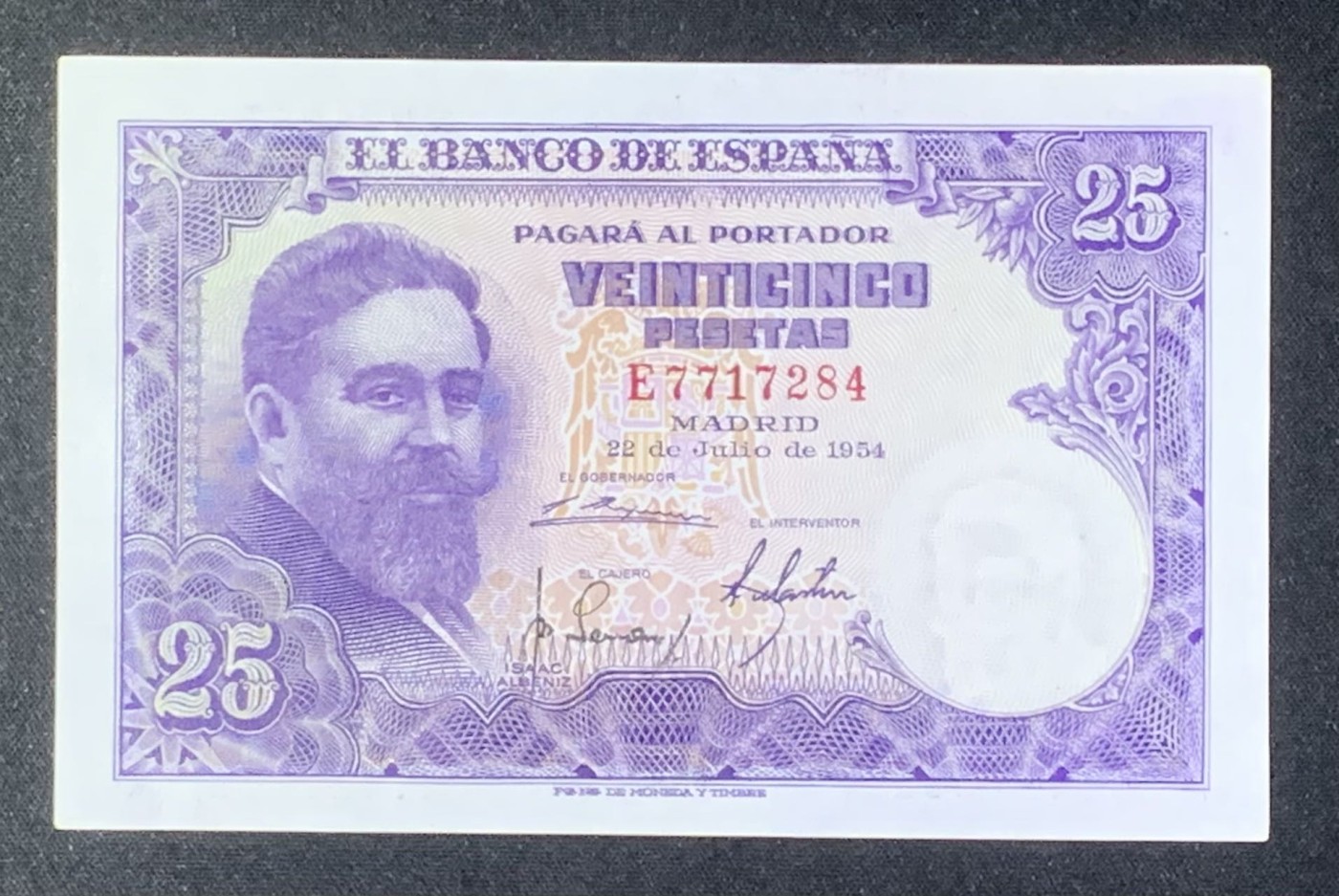 紫瑗钱币——第318期拍卖—纸币场 西班牙 1954年 伊萨克·阿尔贝尼斯 25比塞塔 UNC