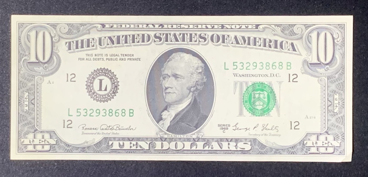 紫瑗钱币——第318期拍卖—纸币场 美国 1969年 L版 亚历山大·汉密尔顿 10美元 小头版 UNC- 无硬折