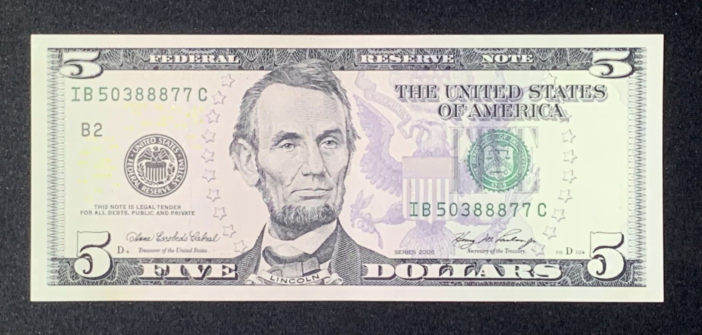 紫瑗钱币——第318期拍卖—纸币场 【双尾7 3个8】美国 2006年 B版 亚伯拉罕·林肯 5美元 彩色版 UNC- 无硬折 