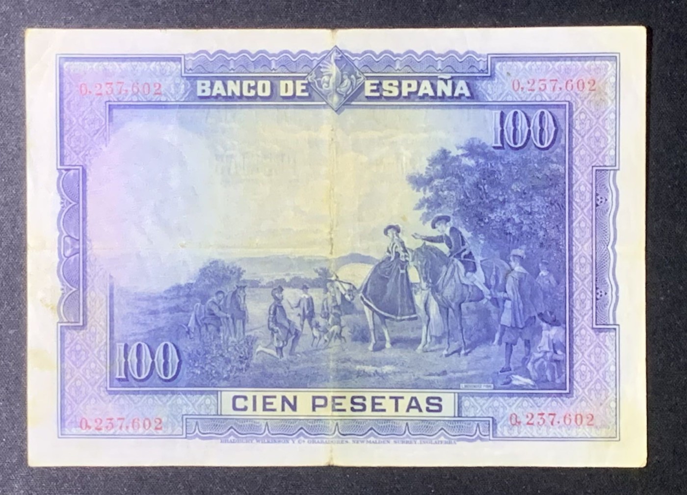 紫瑗钱币——第318期拍卖—纸币场 西班牙 1928年 中央银行 油画《唐吉坷德》 100比塞塔 流通品