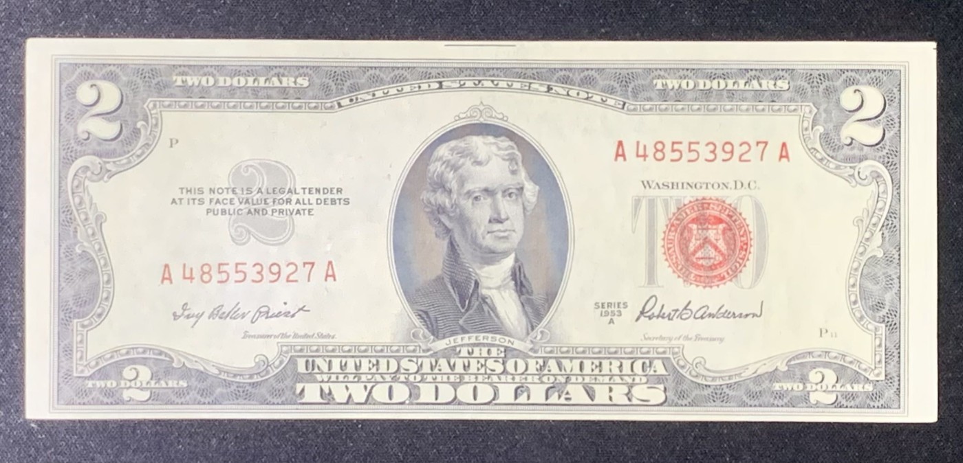 紫瑗钱币——第318期拍卖—纸币场 美国 1953年 A序 托马斯·杰斐逊 2美元 红印 政府券 AU