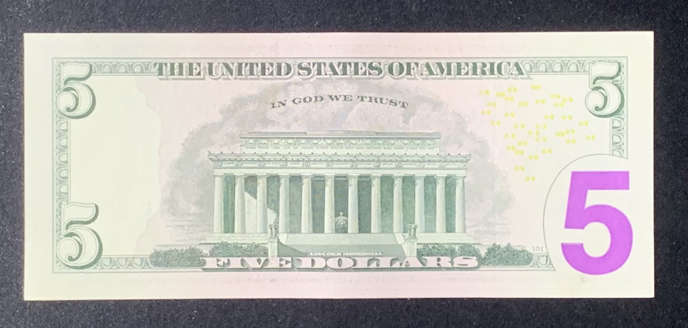 紫瑗钱币——第318期拍卖—纸币场 【双尾7 3个8】美国 2006年 B版 亚伯拉罕·林肯 5美元 彩色版 UNC- 无硬折 