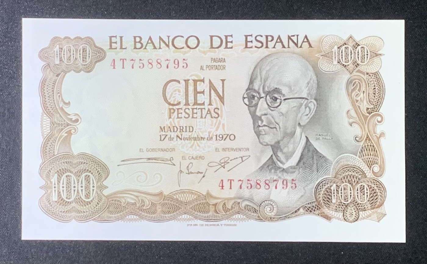 紫瑗钱币——第318期拍卖—纸币场 西班牙 1970(1974)年 曼努埃尔·德法拉 100比塞塔 UNC (P-152a)