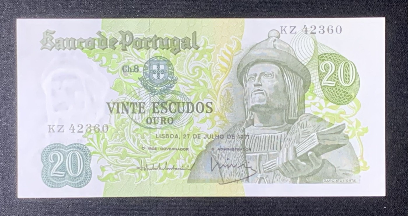 紫瑗钱币——第318期拍卖—纸币场 葡萄牙 1971年 加西亚·德·奥尔塔 20埃斯库多 UNC-