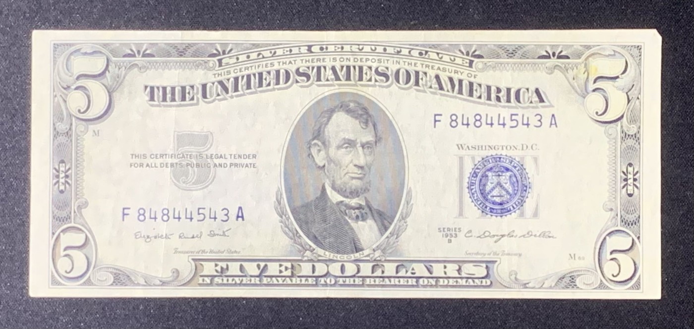 紫瑗钱币——第318期拍卖—纸币场 美国 1953年 B序列 亚伯拉罕·林肯 5美元 蓝印 银元券 流通品
