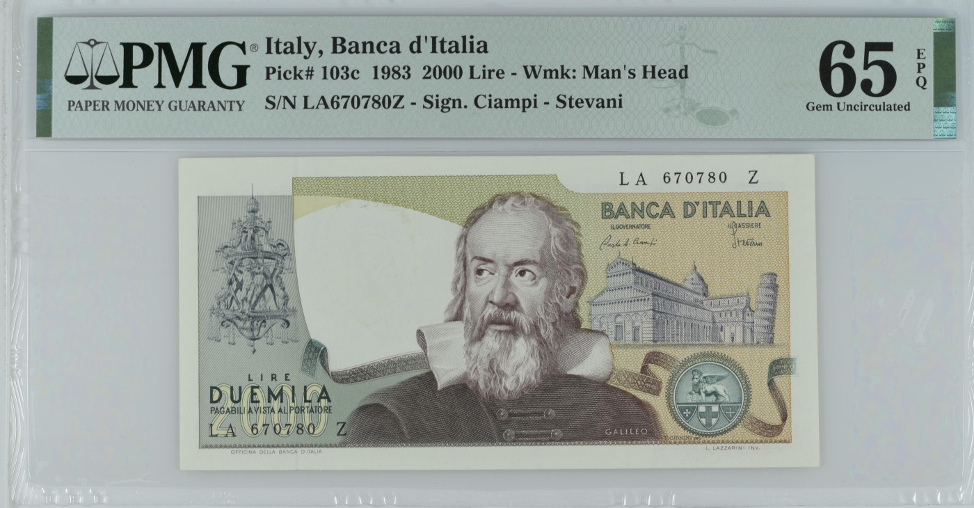 紫瑗钱币——第318期拍卖—纸币场 【PMG 65EPQ】意大利 1983年 伽利略 2000里拉 （P-103C）