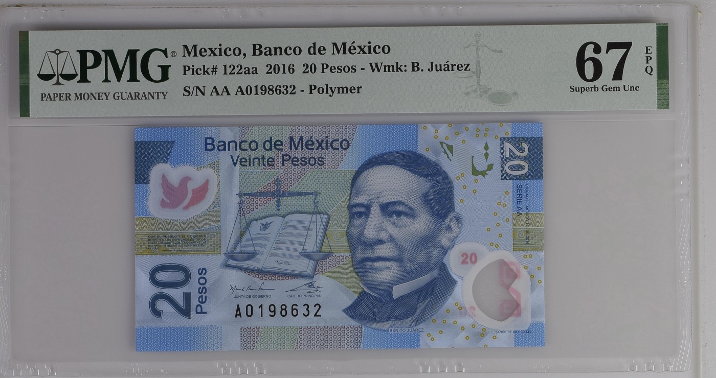 紫瑗钱币——第318期拍卖—纸币场 【首发A冠 PMG 67EPQ】墨西哥 2016年 墨西哥银行 20比索 （P-122aa）