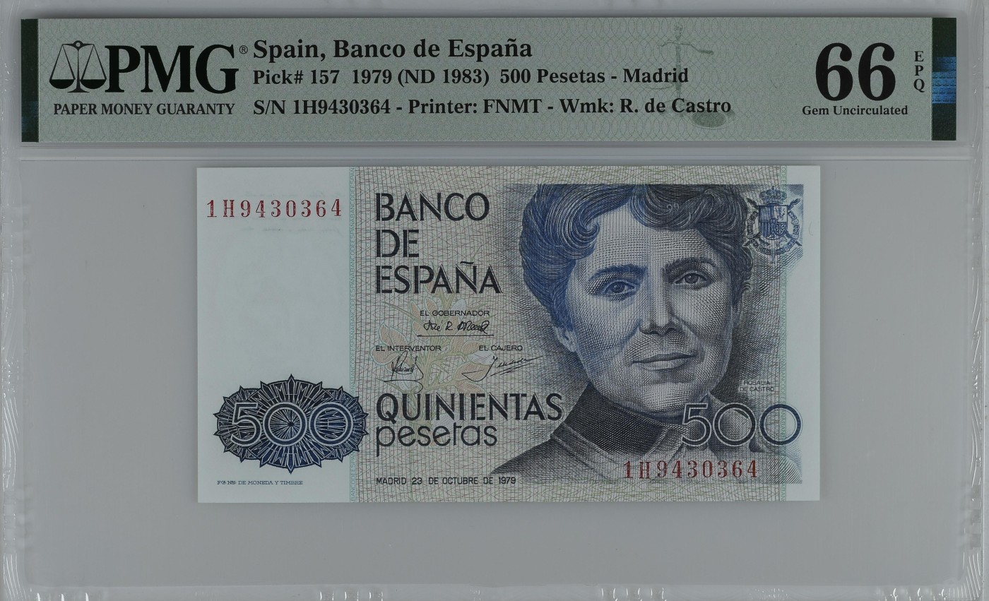 紫瑗钱币——第318期拍卖—纸币场 【PMG 66 EPQ】西班牙 1979(1983)年 罗莎莉亚·德·卡斯特罗 500比塞塔 (P-157)