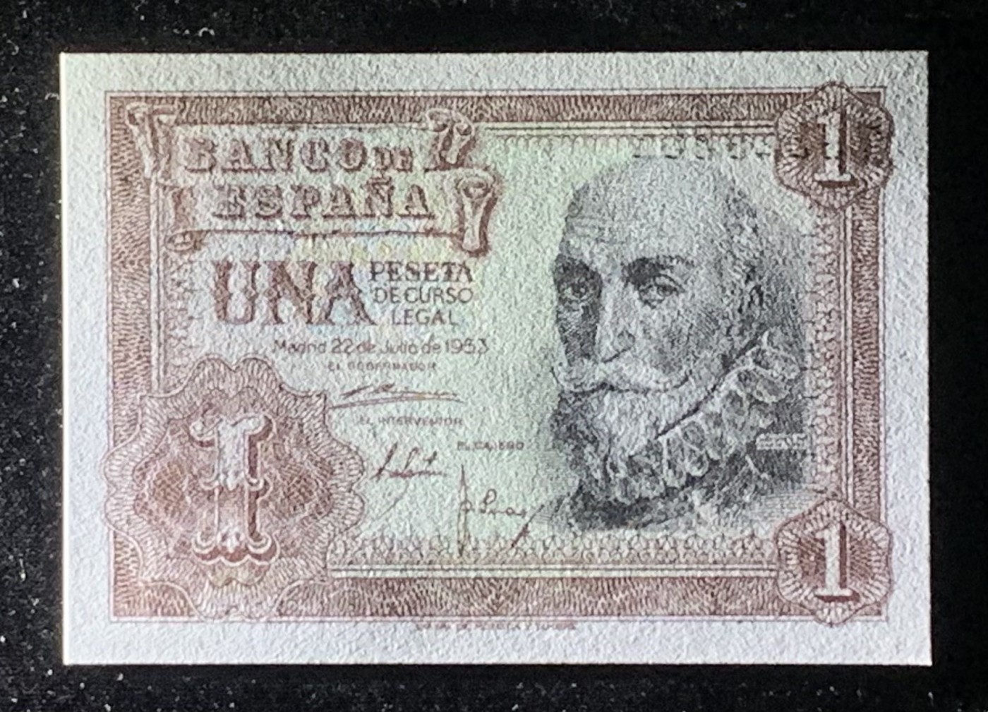 紫瑗钱币——第318期拍卖—纸币场 【双尾5】西班牙 1953年 圣克鲁斯侯爵 阿尔瓦罗·德·巴赞 1比塞塔 (P-144a）