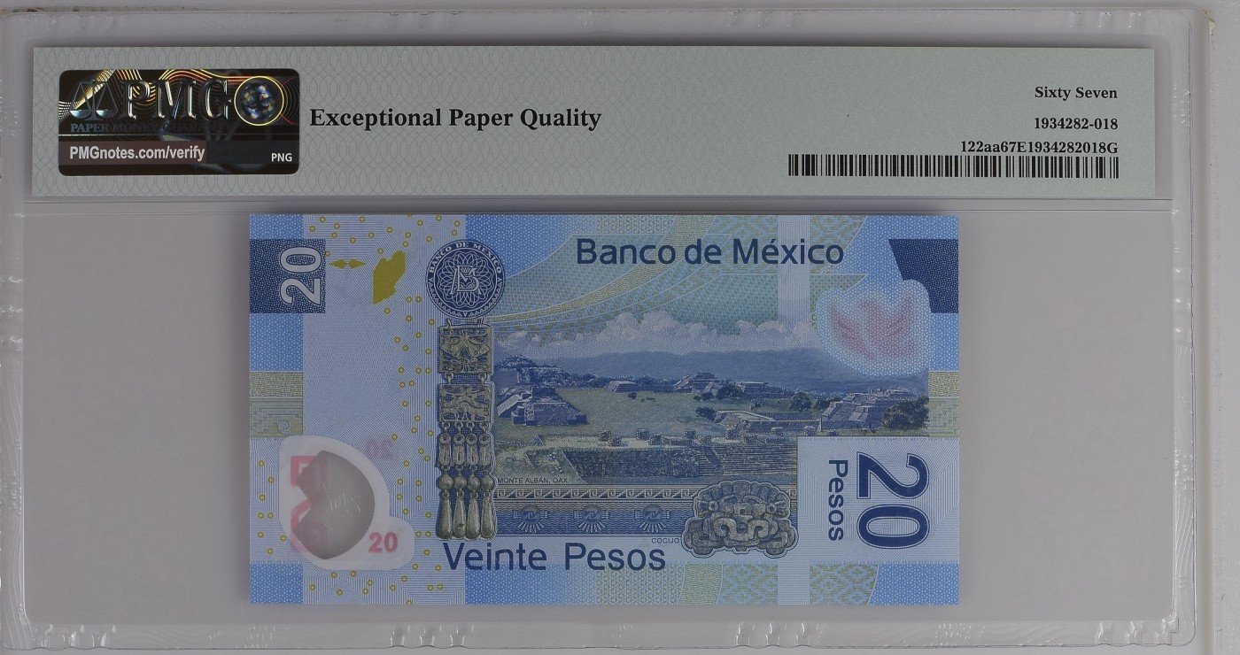 紫瑗钱币——第318期拍卖—纸币场 【首发A冠 PMG 67EPQ】墨西哥 2016年 墨西哥银行 20比索 （P-122aa）