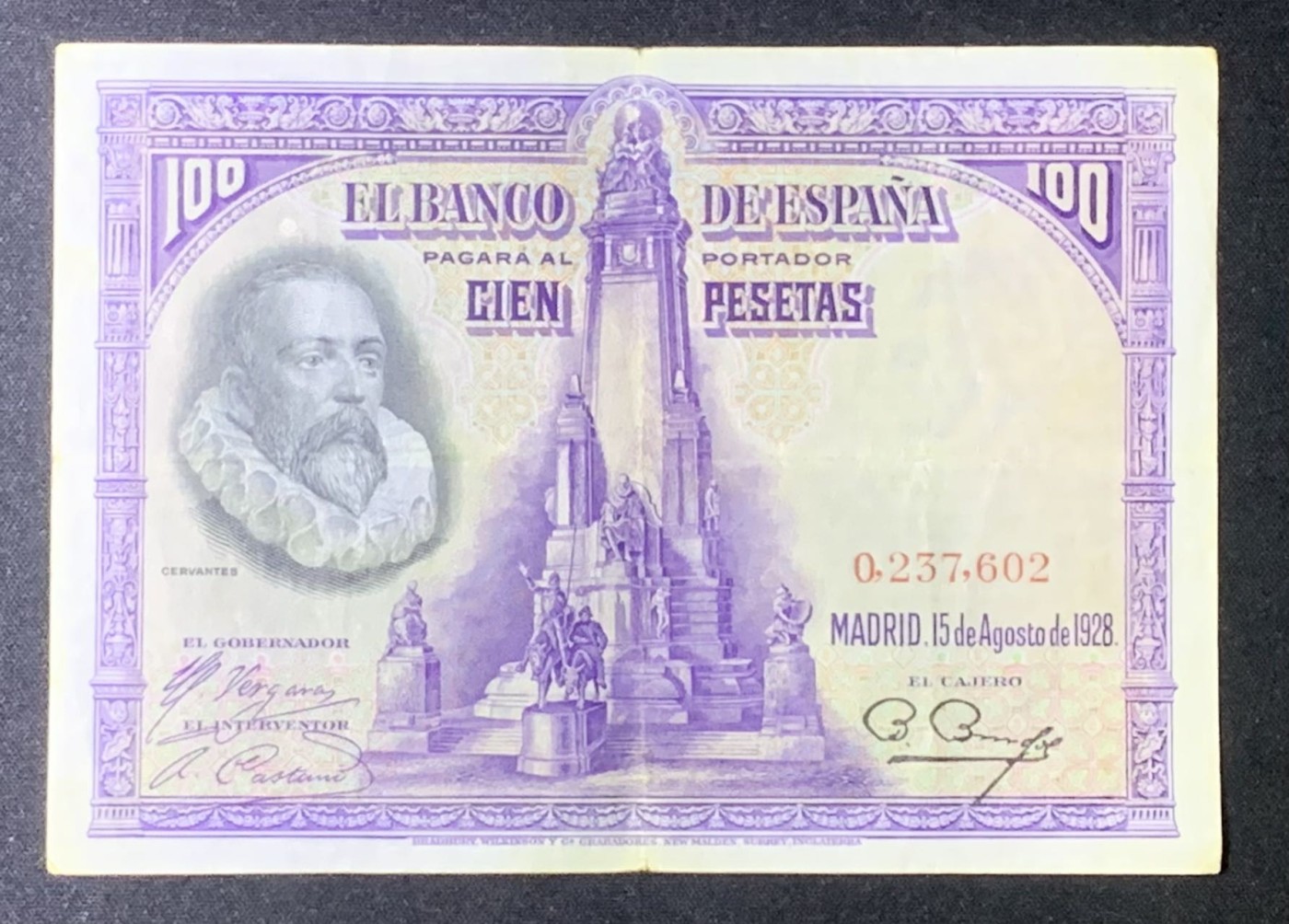 紫瑗钱币——第318期拍卖—纸币场 西班牙 1928年 中央银行 油画《唐吉坷德》 100比塞塔 流通品