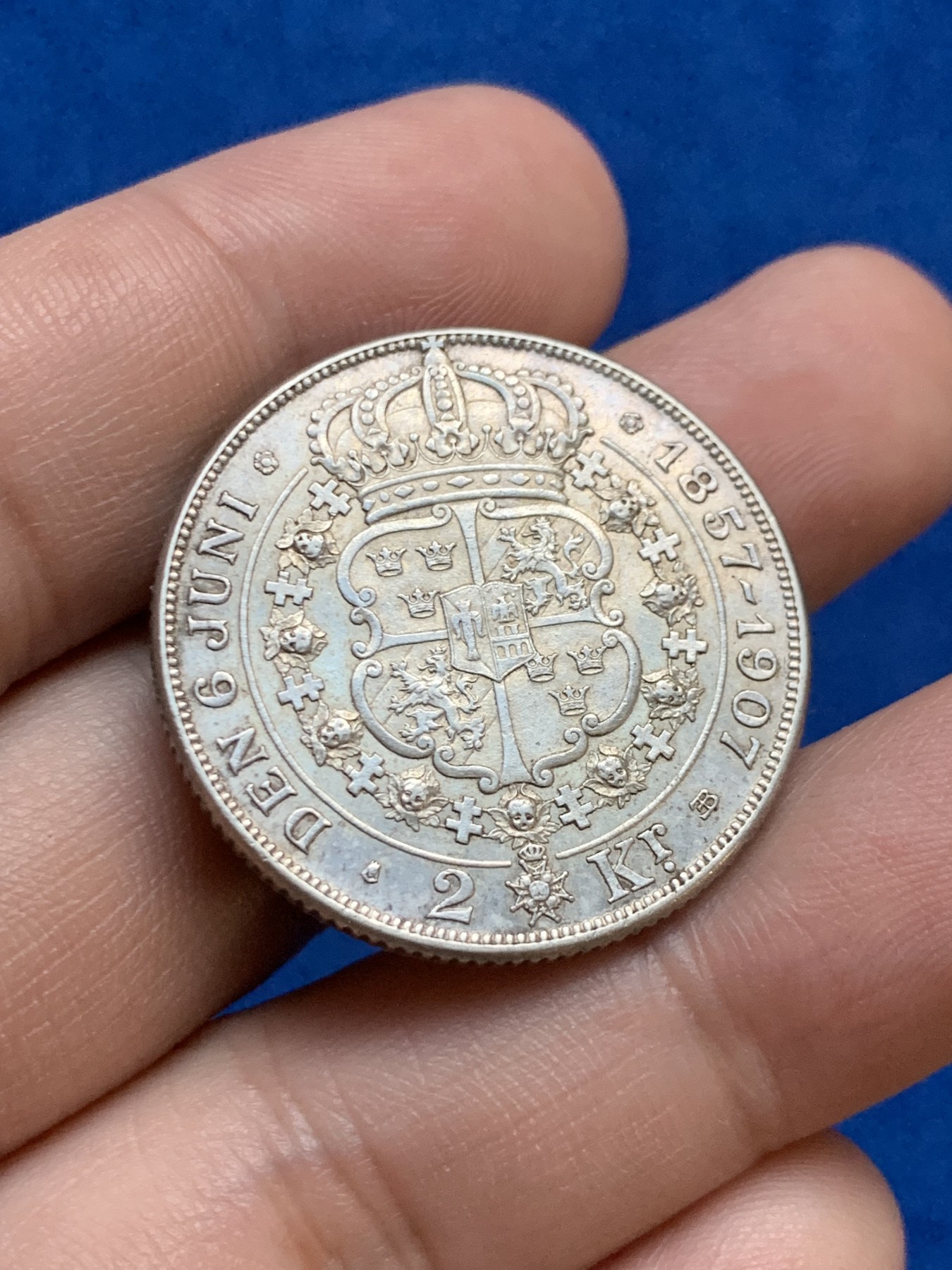 《竞宝斋》第207场-周日，周一 2场 (全场包邮) 瑞典1907年奥斯卡二世和索菲亚金婚2克朗银币