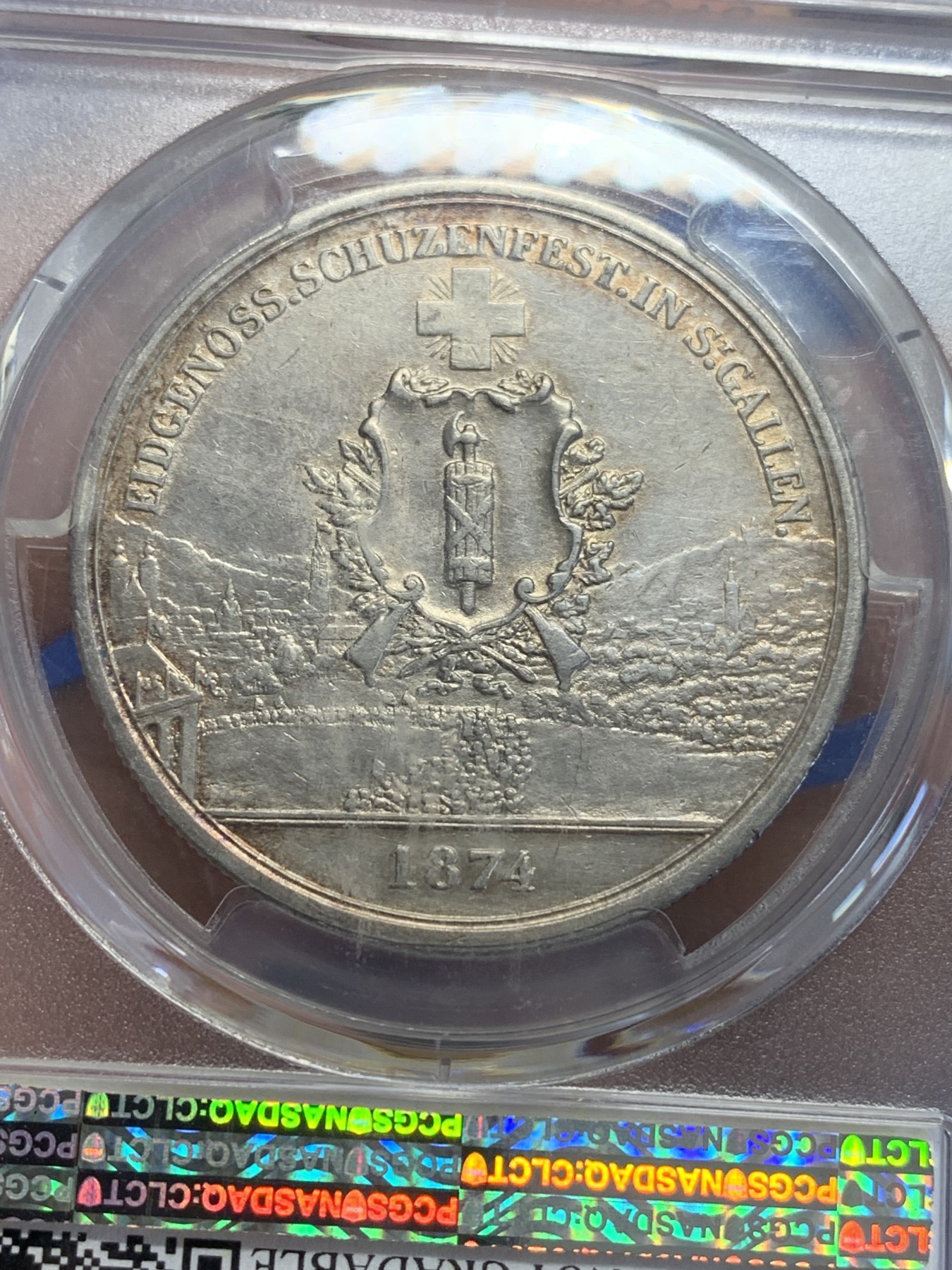 《竞宝斋》第207场-周日，周一 2场 (全场包邮) PCGS-AUD 瑞士1874年圣加仑射击节5法郎银币，发行量5W枚，老洗，现在快形成新的包浆了