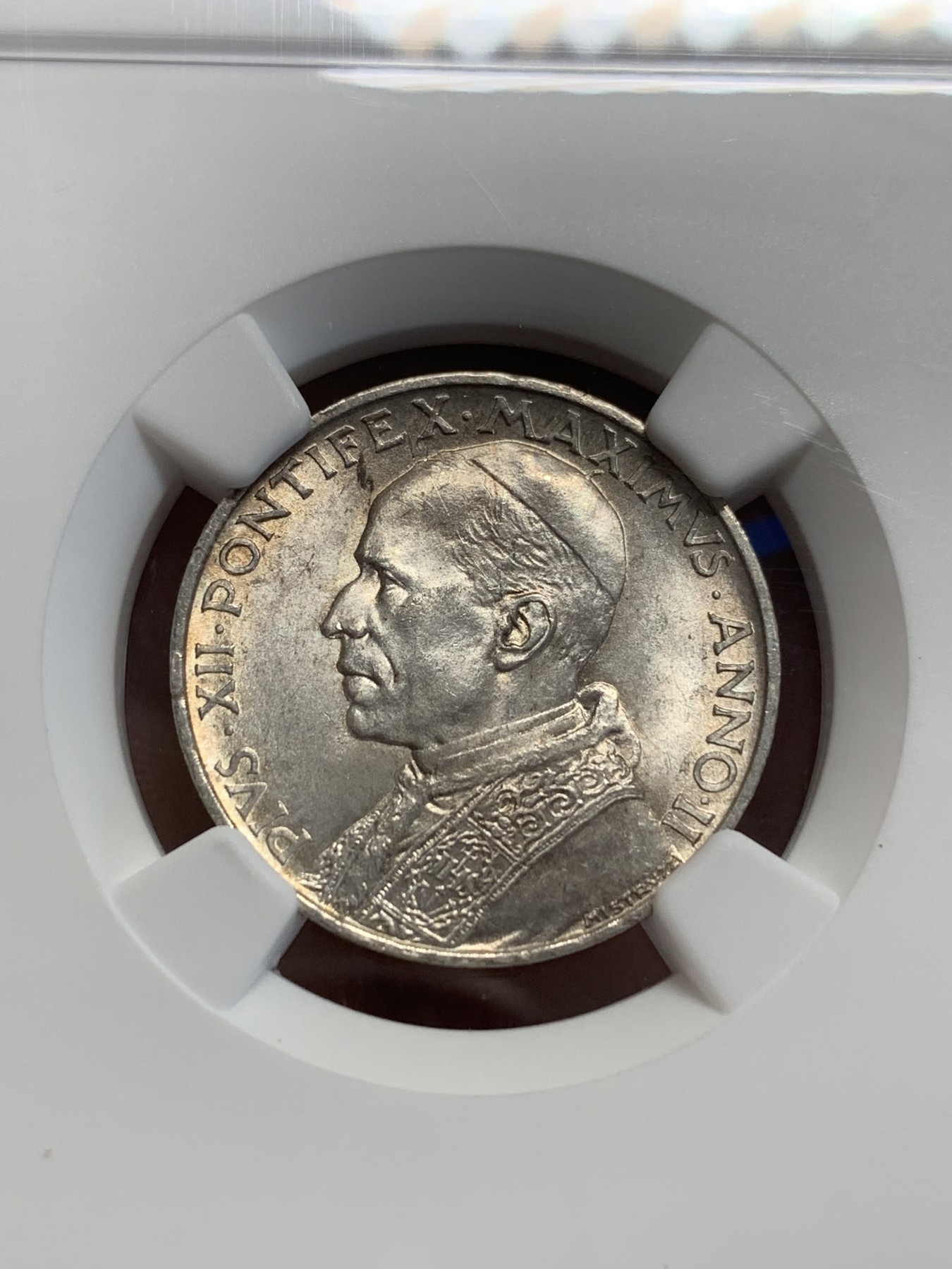 《竞宝斋》第207场-周日，周一 2场 (全场包邮) NGC-MS64 梵蒂冈 1940年 划船 5里拉 银币 黄油彩