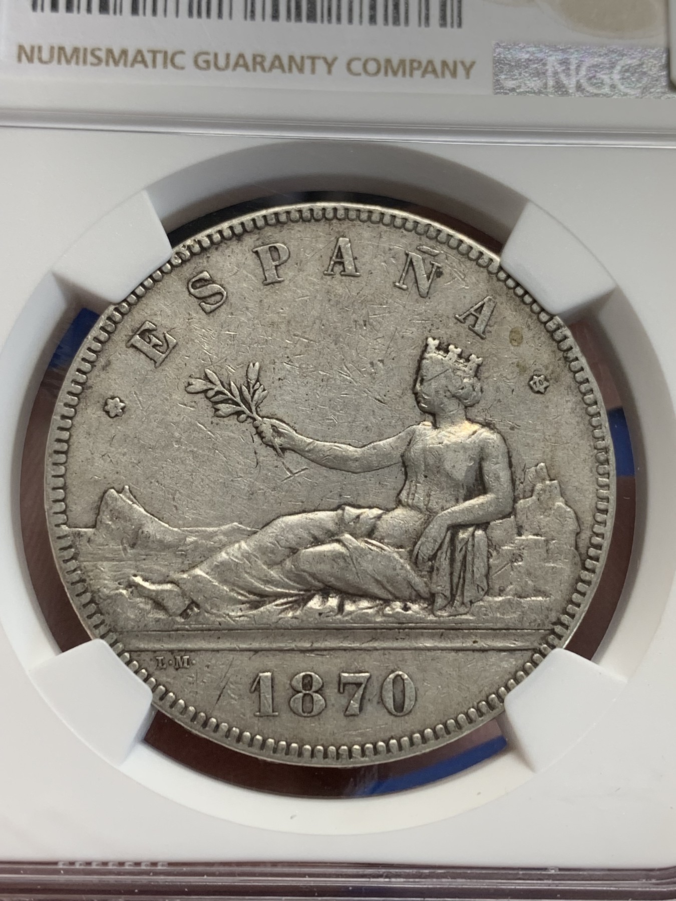 《竞宝斋》第207场-周日，周一 2场 (全场包邮) NGC VF35 西班牙1870年拿花5比塞塔大银币