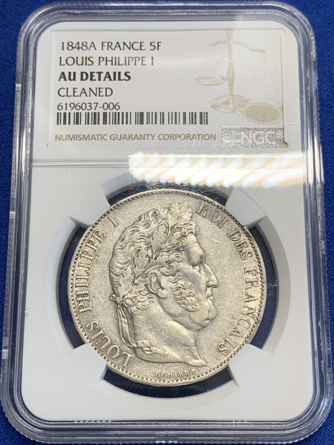 《竞宝斋》第207场-周日，周一 2场 (全场包邮) NGC-AUD 法国1848年菲利普一世5法郎大银币，磨损较少