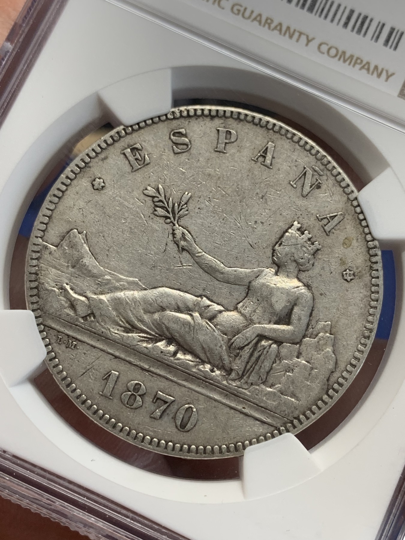 《竞宝斋》第207场-周日，周一 2场 (全场包邮) NGC VF35 西班牙1870年拿花5比塞塔大银币