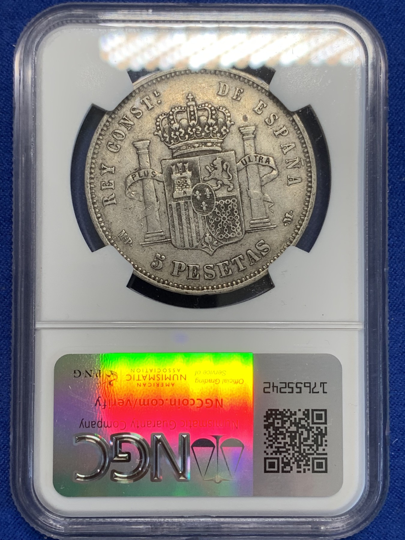 《竞宝斋》第207场-周日，周一 2场 (全场包邮) NGC-VF35 西班牙1888年 阿方索十三世 5比塞塔双柱大银币