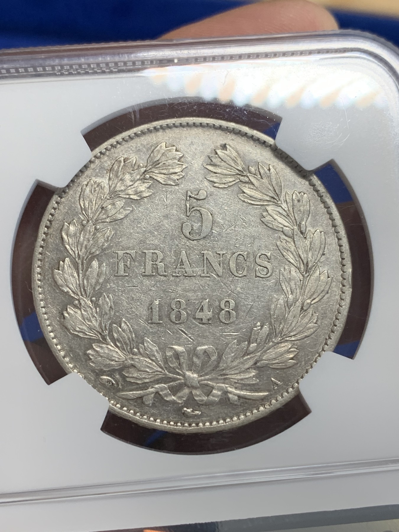 《竞宝斋》第207场-周日，周一 2场 (全场包邮) NGC-AUD 法国1848年菲利普一世5法郎大银币，磨损较少