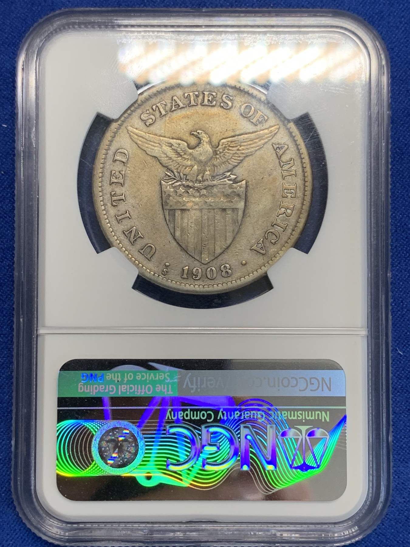 《竞宝斋》第207场-周日，周一 2场 (全场包邮) NGC-VF35 美属菲律宾 1908年 1比索 打铁女神 银币 原味包浆，难得出分美品