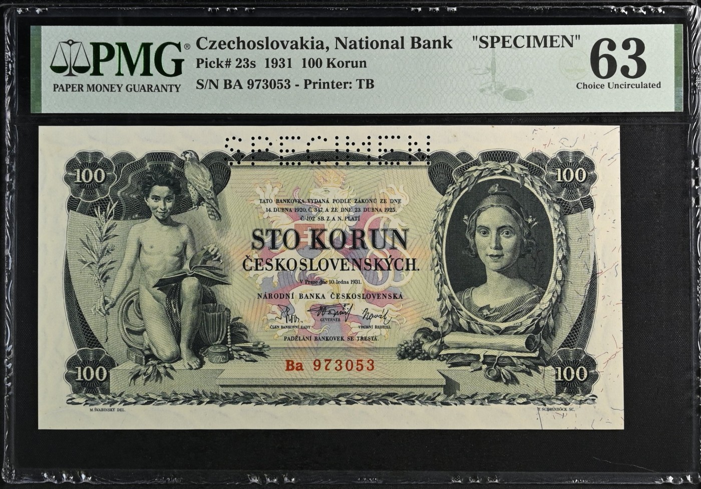 收藏联盟Quantum Auction 第297期拍卖  捷克斯洛伐克1931年100克朗样票  PMG63