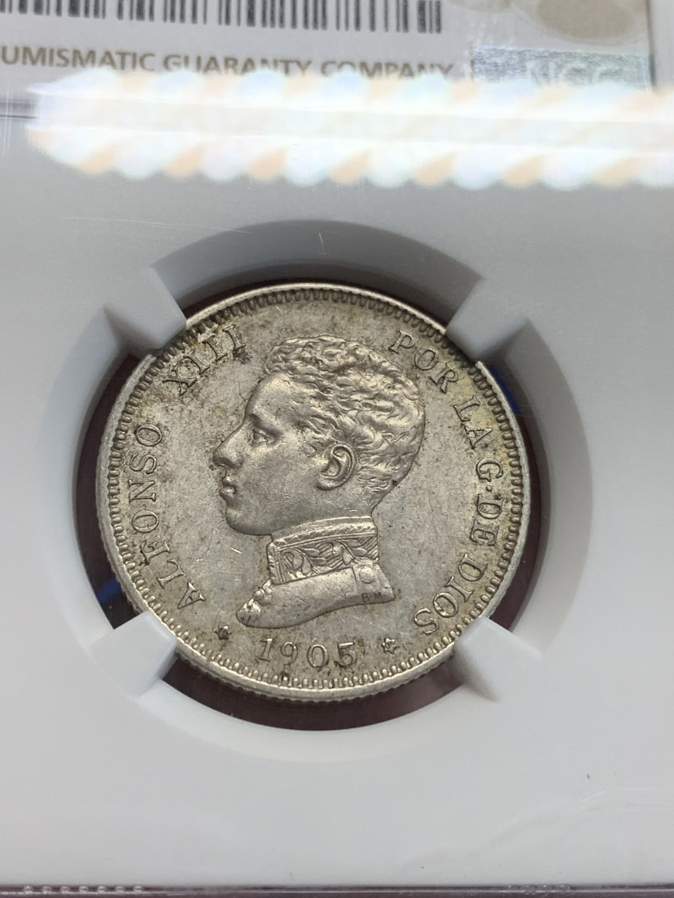 《竞宝斋》第207场-周日，周一 2场 (全场包邮) NGC-AU58 西班牙1905阿方索十三世2比塞塔银币