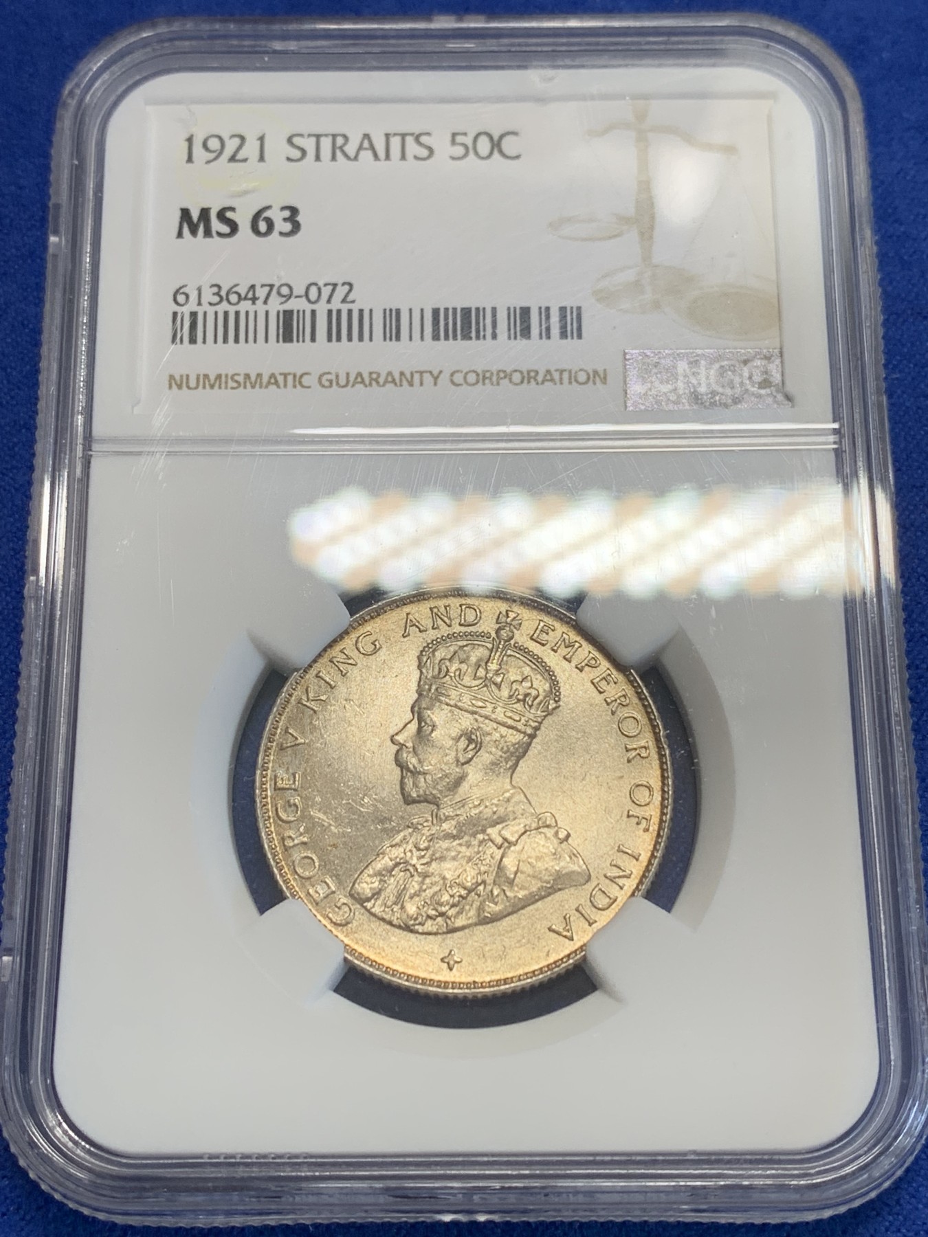 《竞宝斋》第207场-周日，周一 2场 (全场包邮) NGC-MS63 英属海峡殖民地 1921年 50分银币 乔治五世 淡黄油包浆