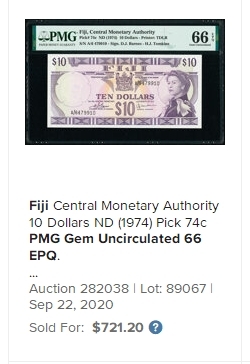 【Blue Auction】✨世界纸币精拍第380期【精】 【仅2张更高分】斐济 1974年10元 PMG66EPQ 戎装 女王 精美高值 
