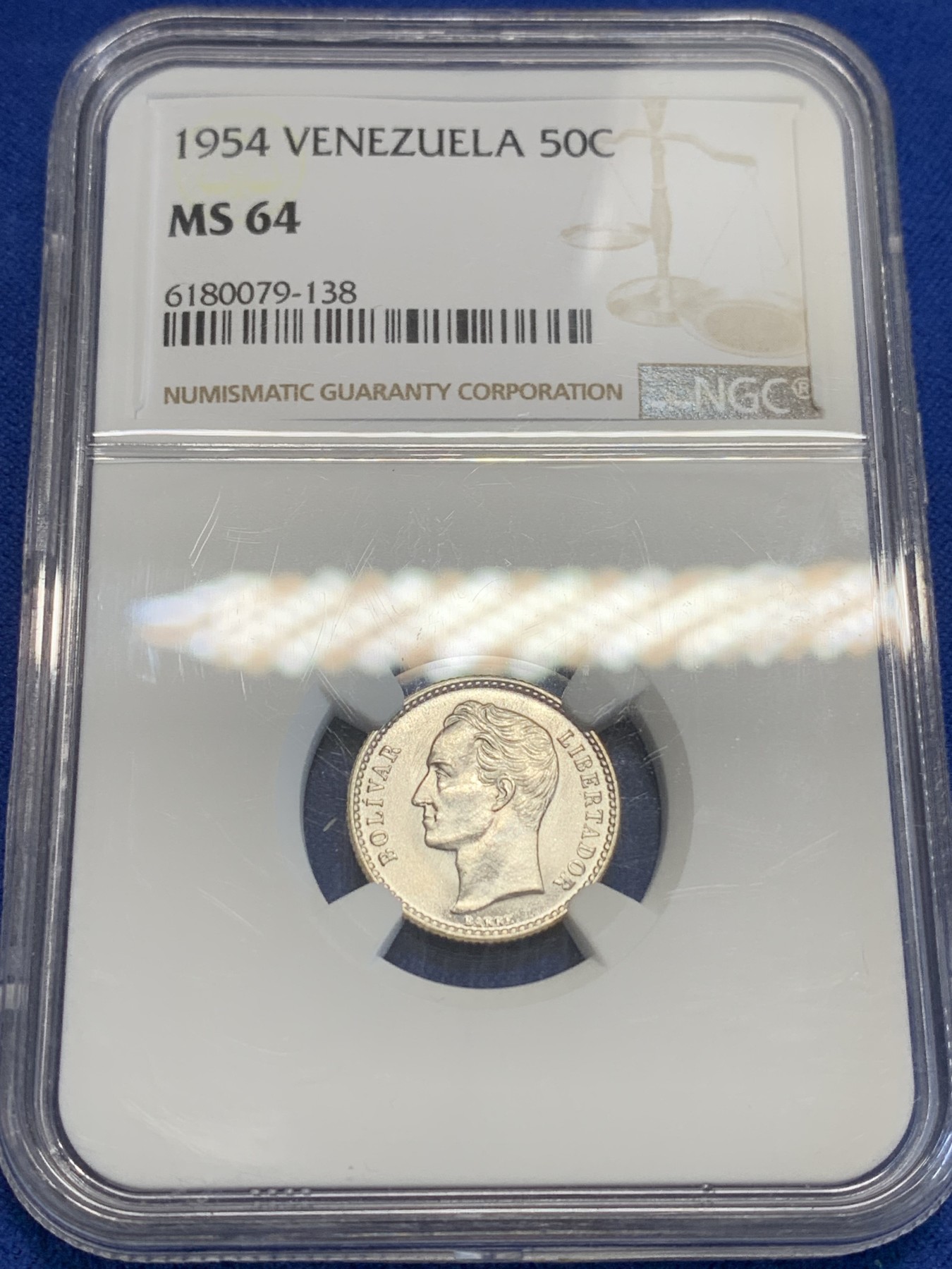 《竞宝斋》第207场-周日，周一 2场 (全场包邮) NGC-MS64 委内瑞拉 1954年 50分 银币