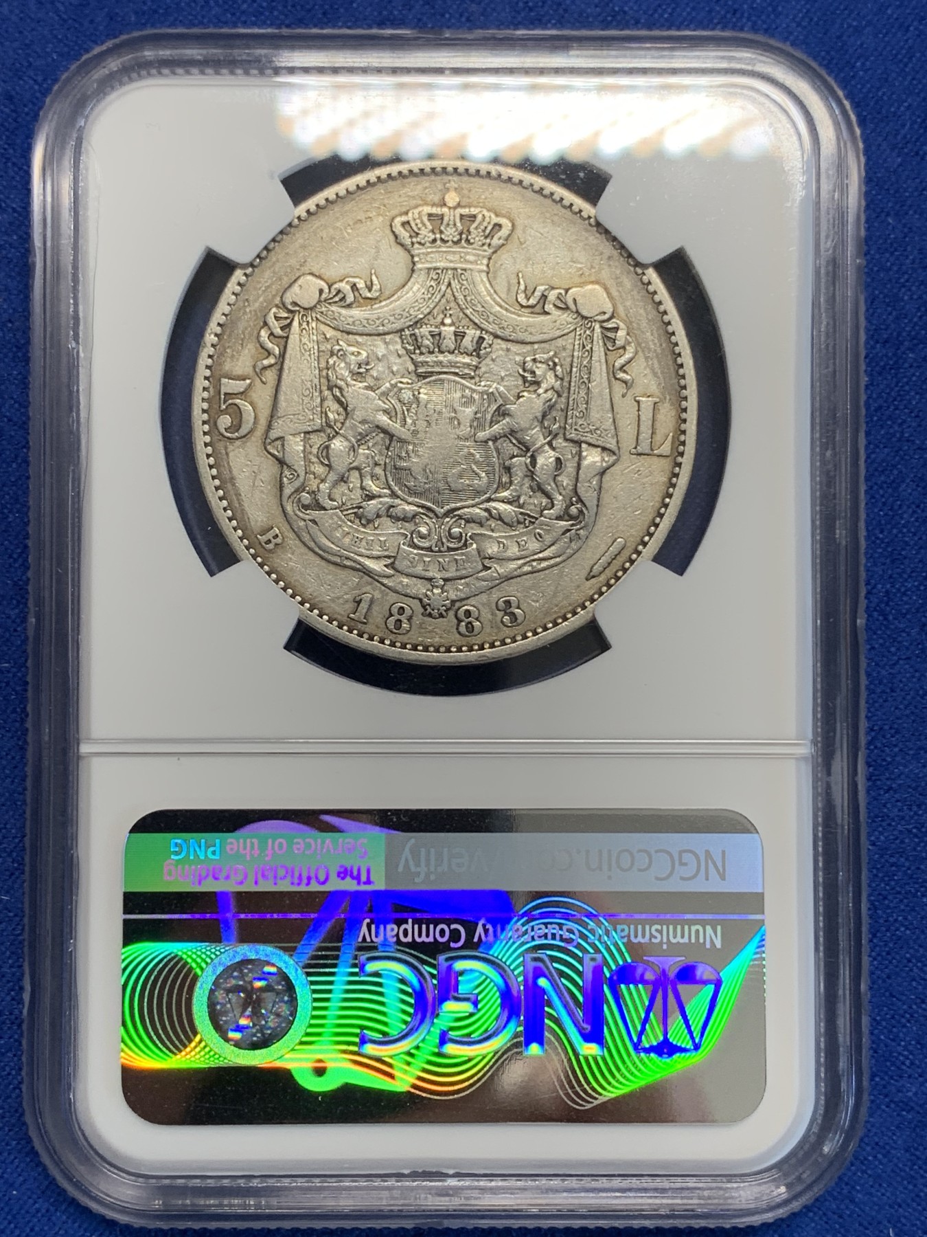 《竞宝斋》第207场-周日，周一 2场 (全场包邮) NGC fine details 罗马尼亚1883年卡罗尔一世5lei稀少款银币