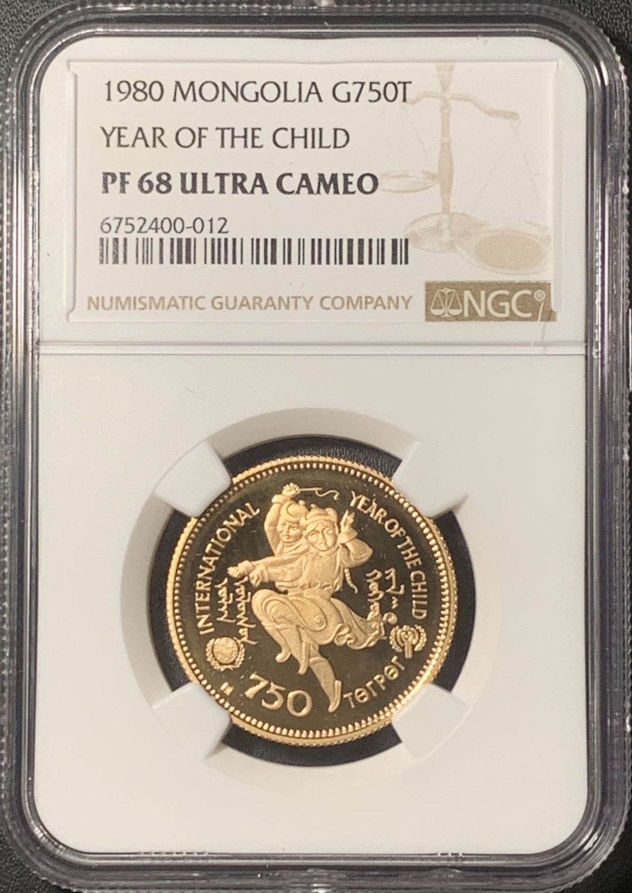 紫瑗钱币——第317期拍卖 蒙古 1980年 国际儿童年 750图格里克 金币 NGC PR68 UC