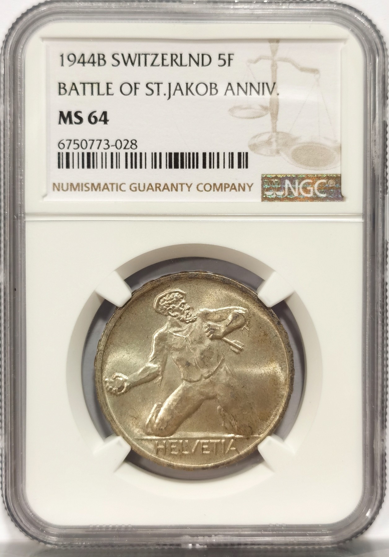 博洋堂世界钱币拍卖第048期（全场包邮） NGC MS64 瑞士1944年圣雅各布战役500周年5法郎银币