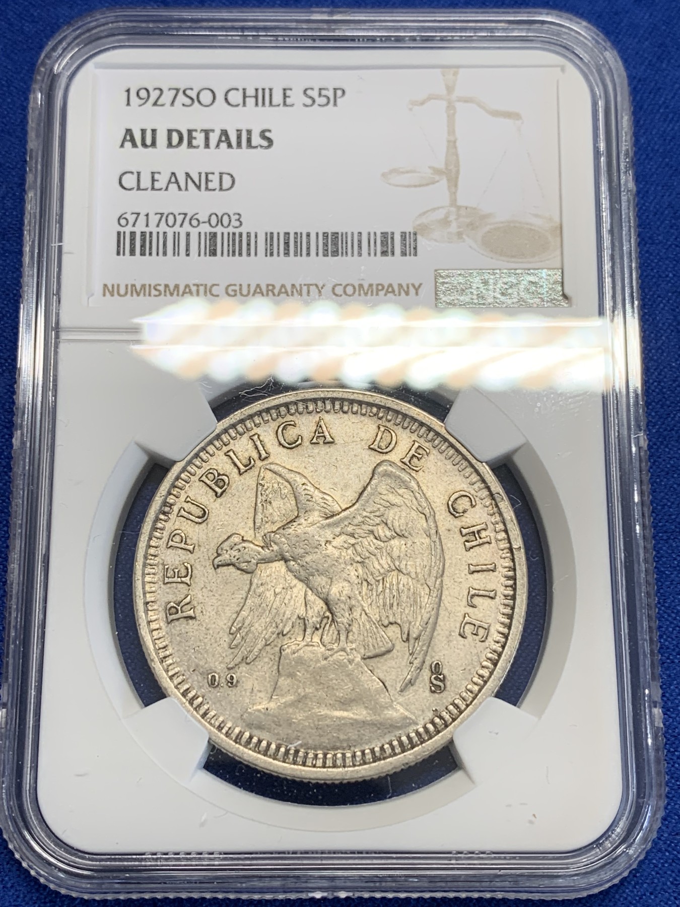 《竞宝斋》第207场-周日，周一 2场 (全场包邮) NGC AUD  1927  智利秃鹫5比索银币 比较少见南美大银