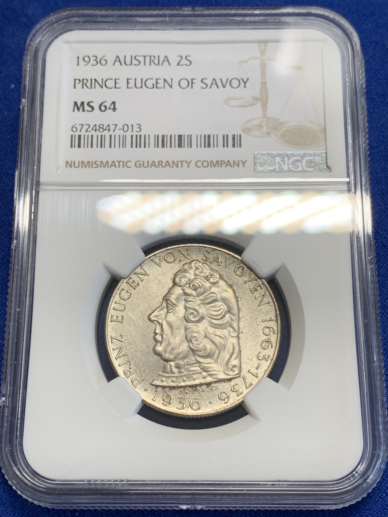 《竞宝斋》第207场-周日，周一 2场 (全场包邮) NGC-MS64 奥地利 1936年 欧根亲王 2先令 银币