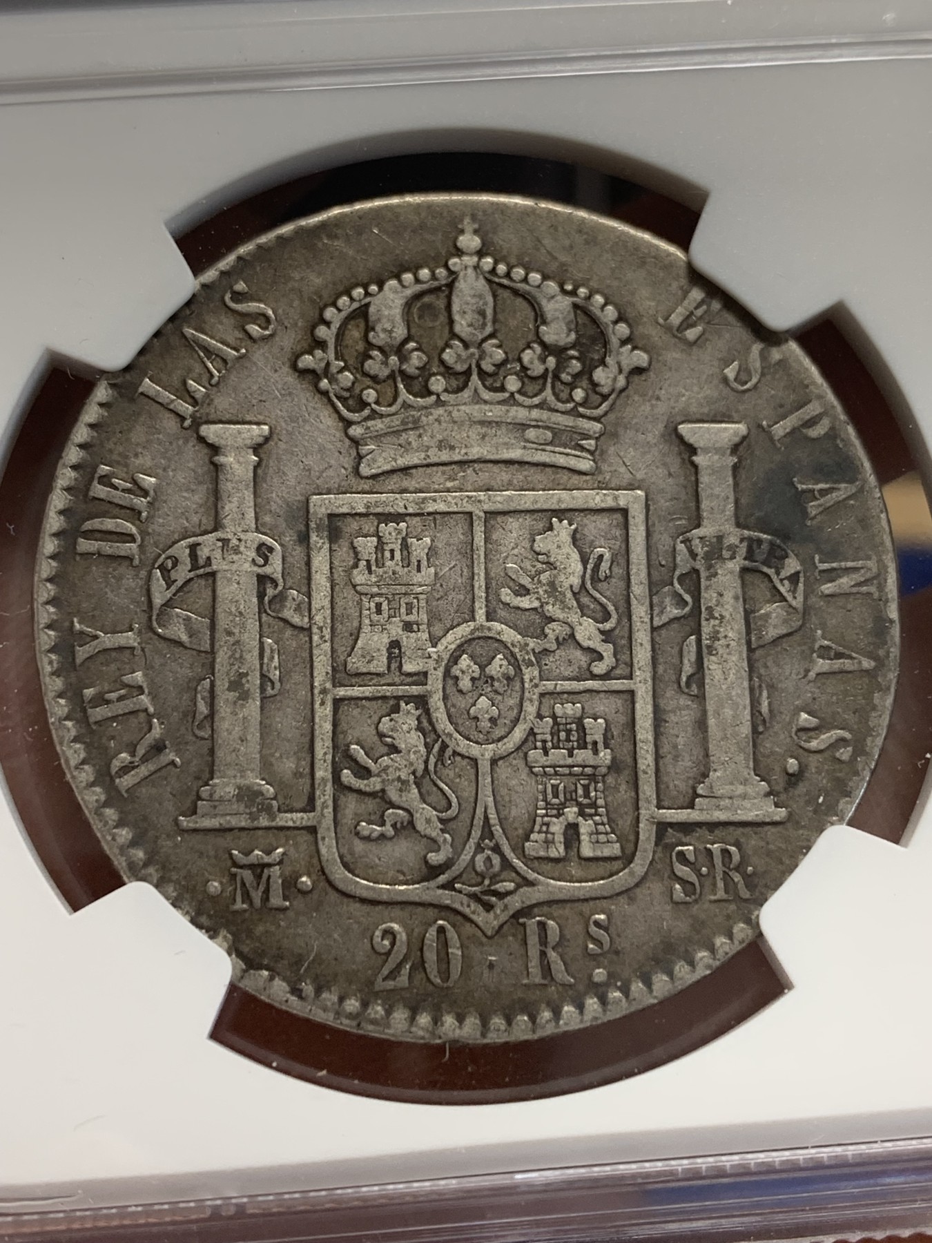 《竞宝斋》第207场-周日，周一 2场 (全场包邮) NGC-VF20 西班牙费尔南多七世 1822年 巴塞罗那造 20R 大银币 原味包浆 非常少见品种