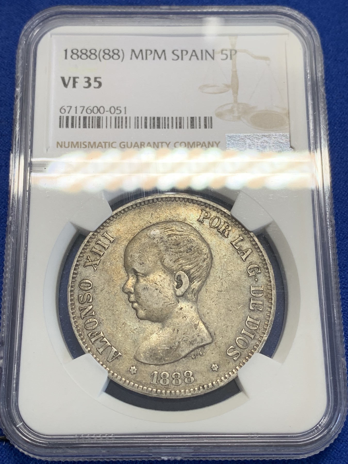 《竞宝斋》第207场-周日，周一 2场 (全场包邮) NGC-VF35 西班牙1888年 阿方索十三世 5比塞塔双柱大银币