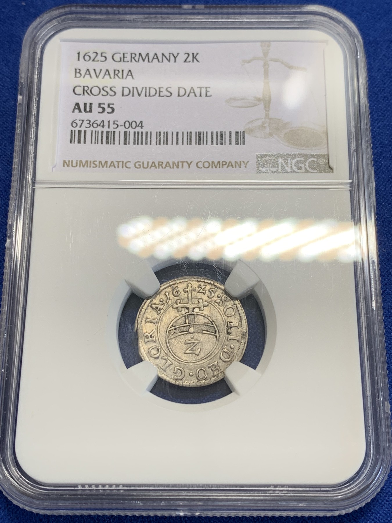 《竞宝斋》第207场-周日，周一 2场 (全场包邮) NGC AU55 德国1625年巴伐利亚2K小银辅币 将近400年 打制得非常好