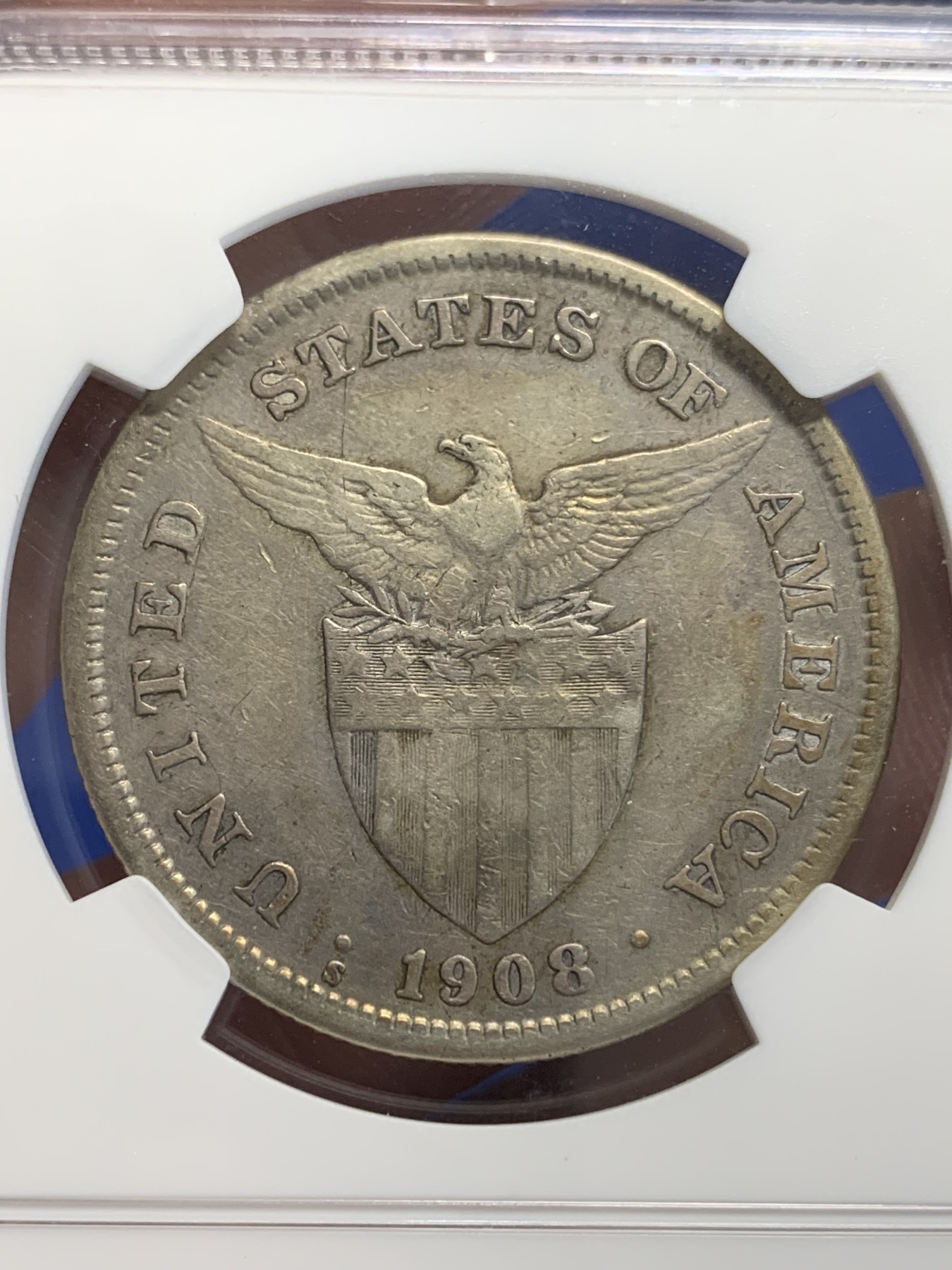 《竞宝斋》第207场-周日，周一 2场 (全场包邮) NGC-VF35 美属菲律宾 1908年 1比索 打铁女神 银币 原味包浆，难得出分美品