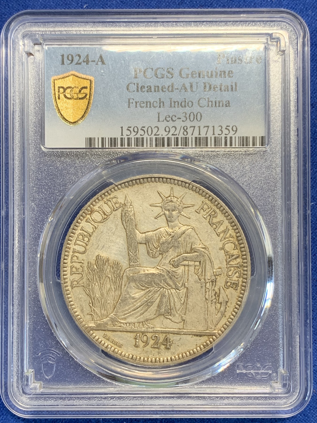 《竞宝斋》第207场-周日，周一 2场 (全场包邮) PCGS-AU 法属印支1924年坐洋银币，原味老包浆