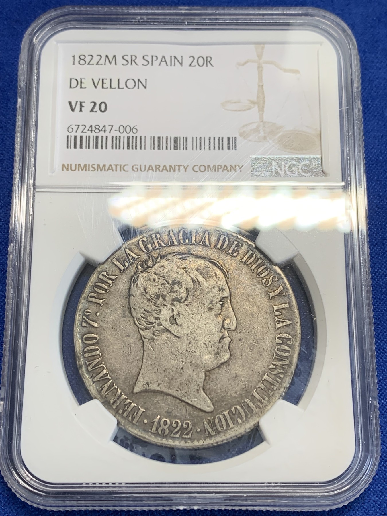 《竞宝斋》第207场-周日，周一 2场 (全场包邮) NGC-VF20 西班牙费尔南多七世 1822年 巴塞罗那造 20R 大银币 原味包浆 非常少见品种