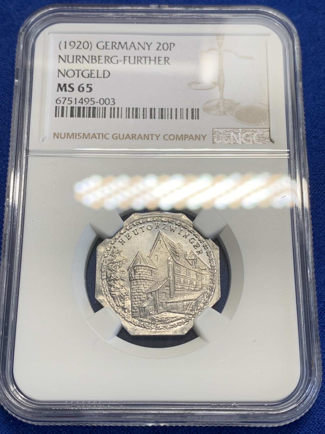 《竞宝斋》第207场-周日，周一 2场 (全场包邮) NGC-MS65 1920年德国紧急状态时期纽伦堡20芬尼 景观代币