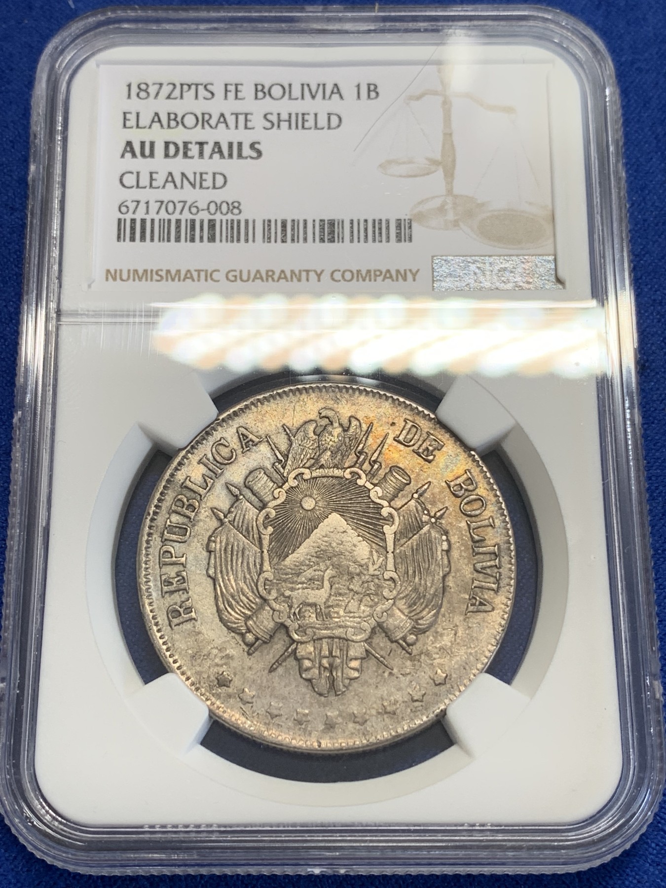 《竞宝斋》第207场-周日，周一 2场 (全场包邮) NGC AUD  1872  玻利维亚1玻利瓦尔银币 热门南美大银 带彩包浆