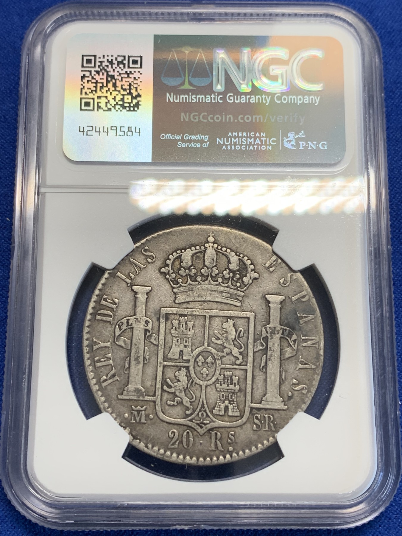 《竞宝斋》第207场-周日，周一 2场 (全场包邮) NGC-VF20 西班牙费尔南多七世 1822年 巴塞罗那造 20R 大银币 原味包浆 非常少见品种